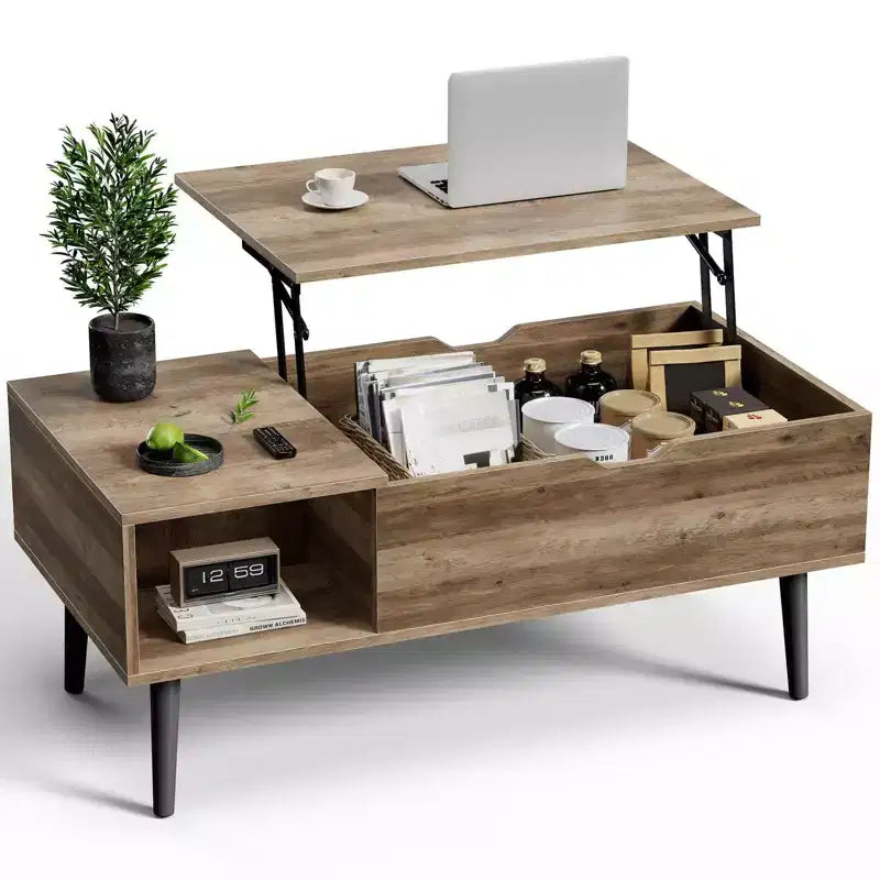 Table basse relevable JIONJOY avec rangement dissimulé, pieds en bois pour salon, petits espaces - Nettoyage facile