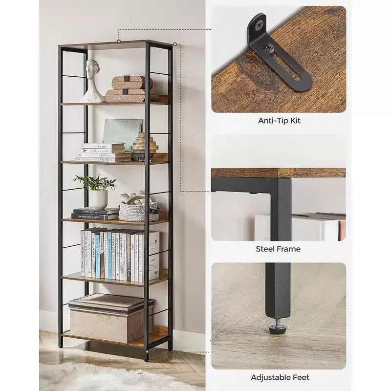 Étagère à Livres à 6 Niveaux VASAGLE, Bibliothèque, 30 x 60 x 178 cm, Unité d'Étagères, avec Panneaux Arrière, Style Industriel, Marron Rustique et Noir