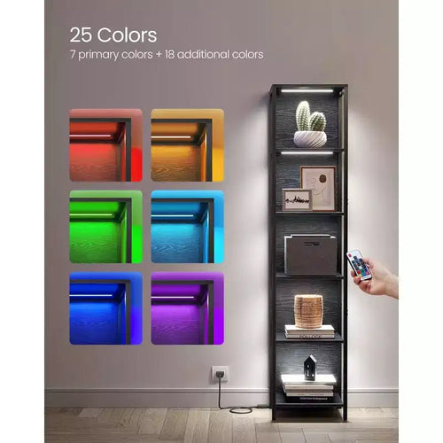 Étagère à Livres LED à 6 Niveaux, Étagère de Présentation avec Lumières Dimmables, Bibliothèque LED, 30,2 x 39,9 x 178,5 cm, Noir avec Grain de Bois