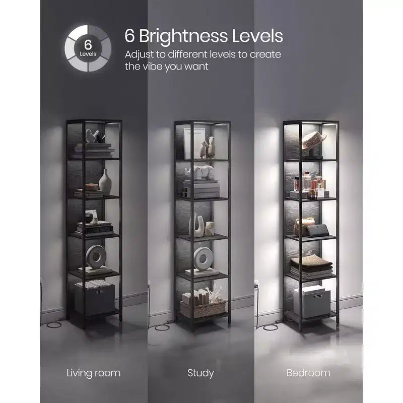 Étagère à Livres LED à 6 Niveaux, Étagère de Présentation avec Lumières Dimmables, Bibliothèque LED, 30,2 x 39,9 x 178,5 cm, Noir avec Grain de Bois