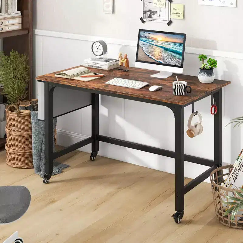 Costway Bureau Informatique Roulant 1/2/4 PCS, Cadre Métallique, Table PC Portable Plateau en Bois, Poste de Travail d'Étude