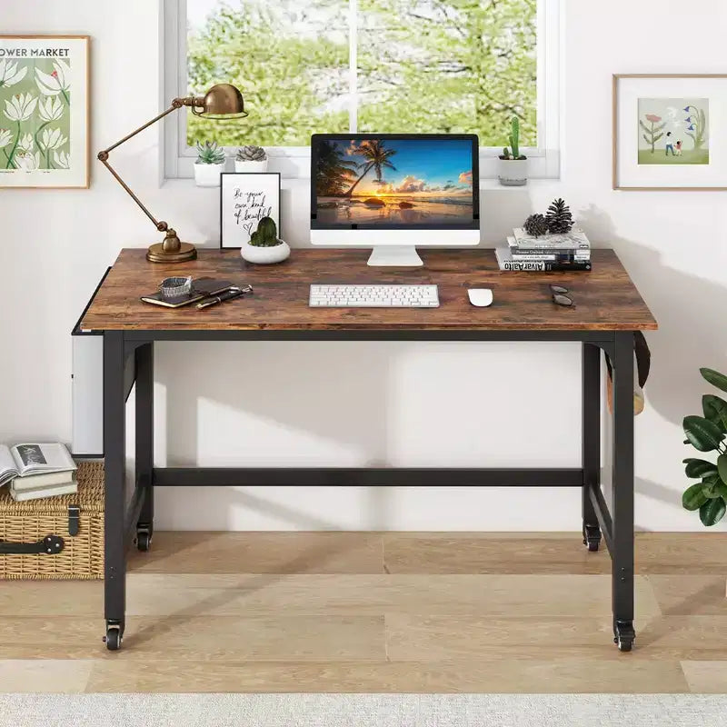 Costway Bureau Informatique Roulant 1/2/4 PCS, Cadre Métallique, Table PC Portable Plateau en Bois, Poste de Travail d'Étude
