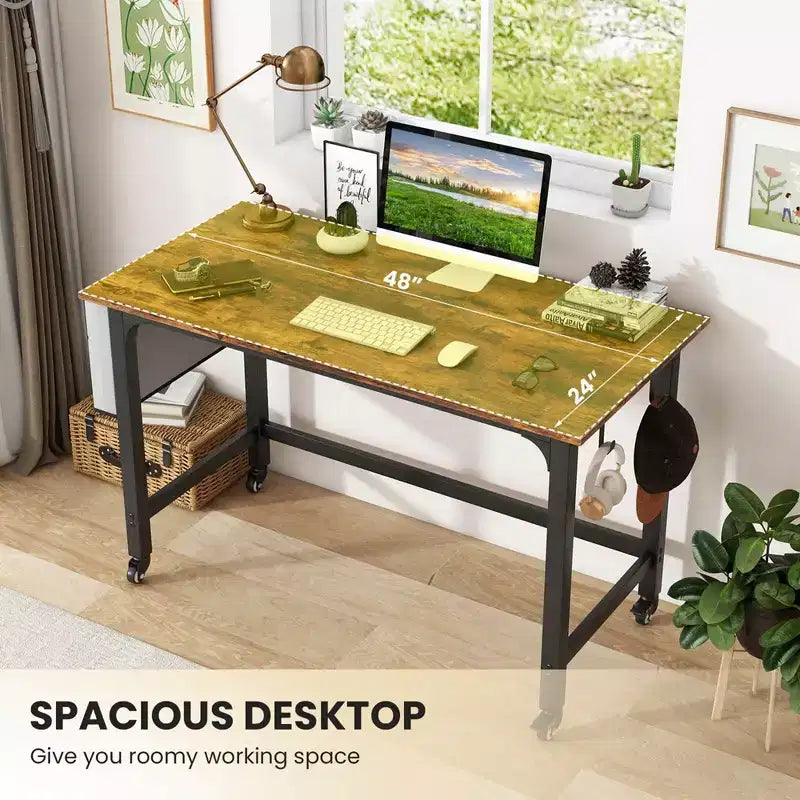 Costway Bureau Informatique Roulant 1/2/4 PCS, Cadre Métallique, Table PC Portable Plateau en Bois, Poste de Travail d'Étude