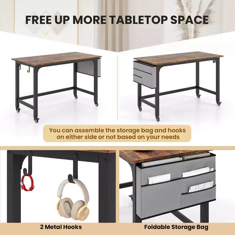 Costway Bureau Informatique Roulant 1/2/4 PCS, Cadre Métallique, Table PC Portable Plateau en Bois, Poste de Travail d'Étude