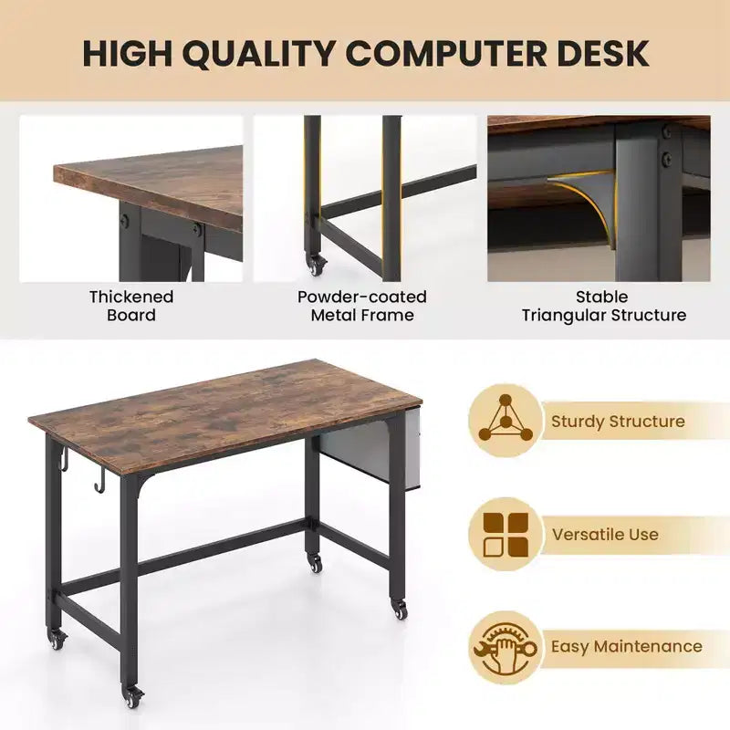 Costway Bureau Informatique Roulant 1/2/4 PCS, Cadre Métallique, Table PC Portable Plateau en Bois, Poste de Travail d'Étude