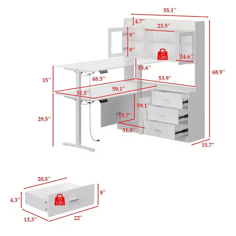 Famapy Bureau Ordinateur Relevable Grand Bureau Tout-en-un avec Rangement Composite Blanc