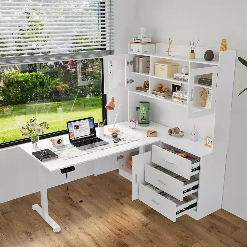 Famapy Bureau Ordinateur Relevable Grand Bureau Tout-en-un avec Rangement Composite Blanc