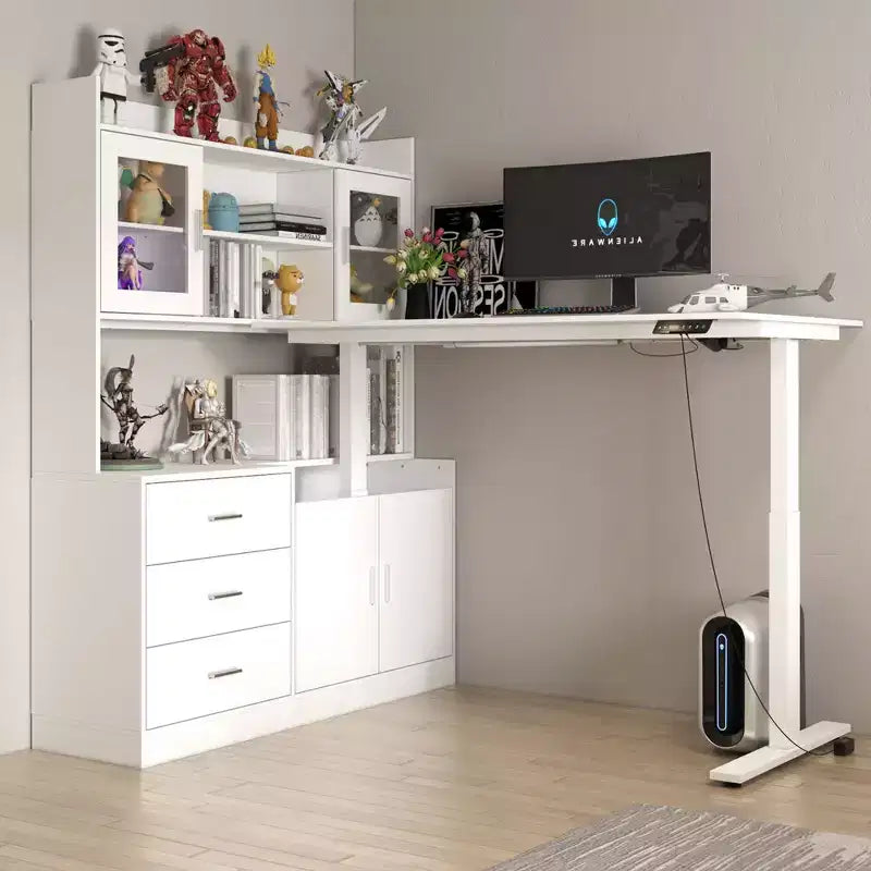 Famapy Bureau Ordinateur Relevable Grand Bureau Tout-en-un avec Rangement Composite Blanc