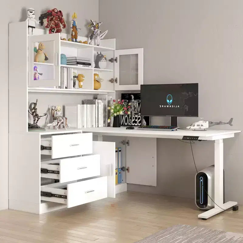 Famapy Bureau Ordinateur Relevable Grand Bureau Tout-en-un avec Rangement Composite Blanc