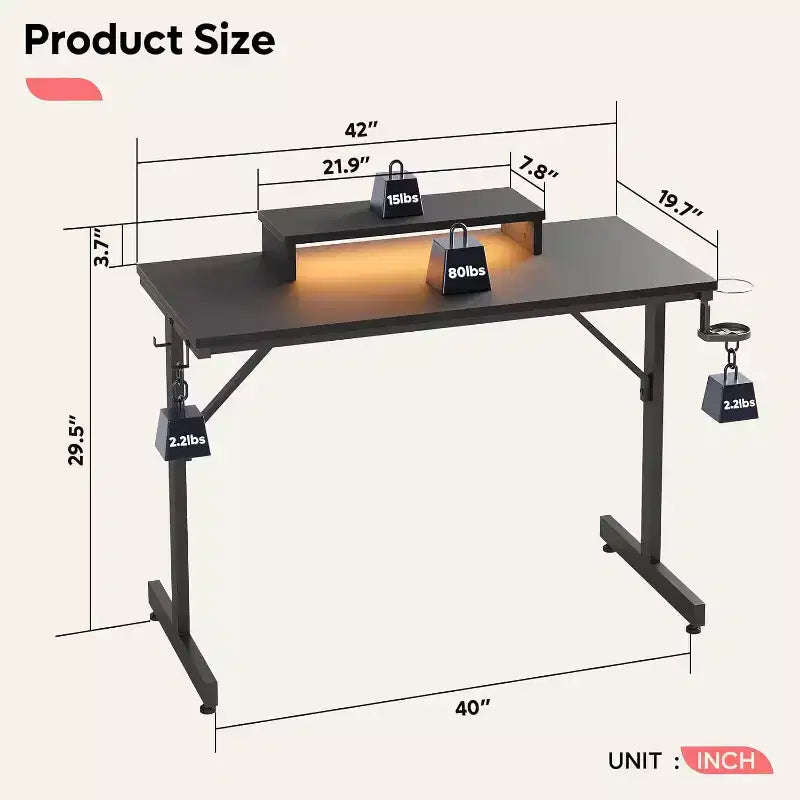 Bestier Bureau de Gamer 42 Petit Bureau d'Ordinateur pour Bureau à Domicile avec Lumières LED et Support de Moniteur