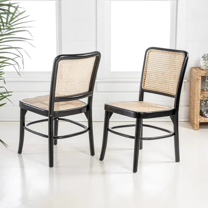 Chaise de salle à manger Cukor Mid-Century vintage en bois et rotin, naturelle (Lot de 2) par JONATHAN Y