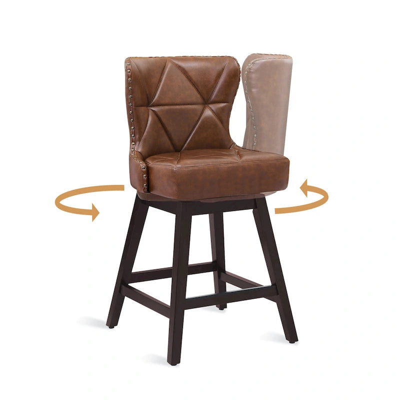 Tabourets de bar pivotants LUE BONA de 26 po en bois, style moderne milieu de siècle, avec assise en similicuir et lin - Lot de 4