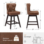 Tabourets de bar pivotants LUE BONA de 26 po en bois, style moderne milieu de siècle, avec assise en similicuir et lin - Lot de 4