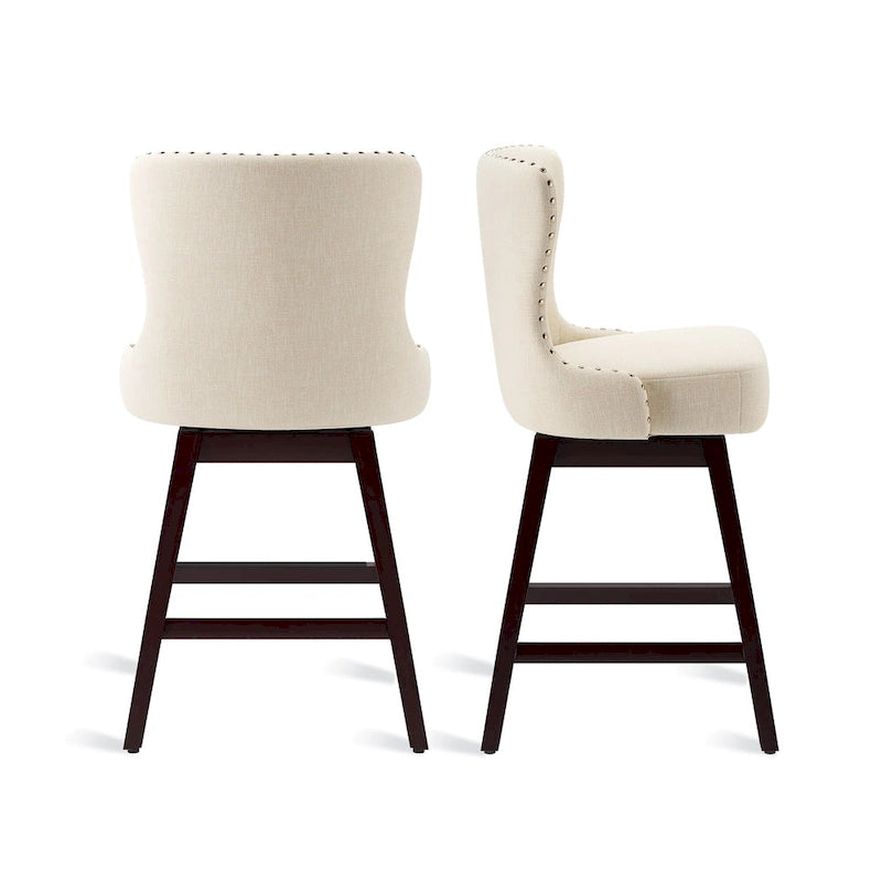 Tabourets de bar pivotants LUE BONA de 26 po en bois, style moderne milieu de siècle, avec assise en similicuir et lin - Lot de 4