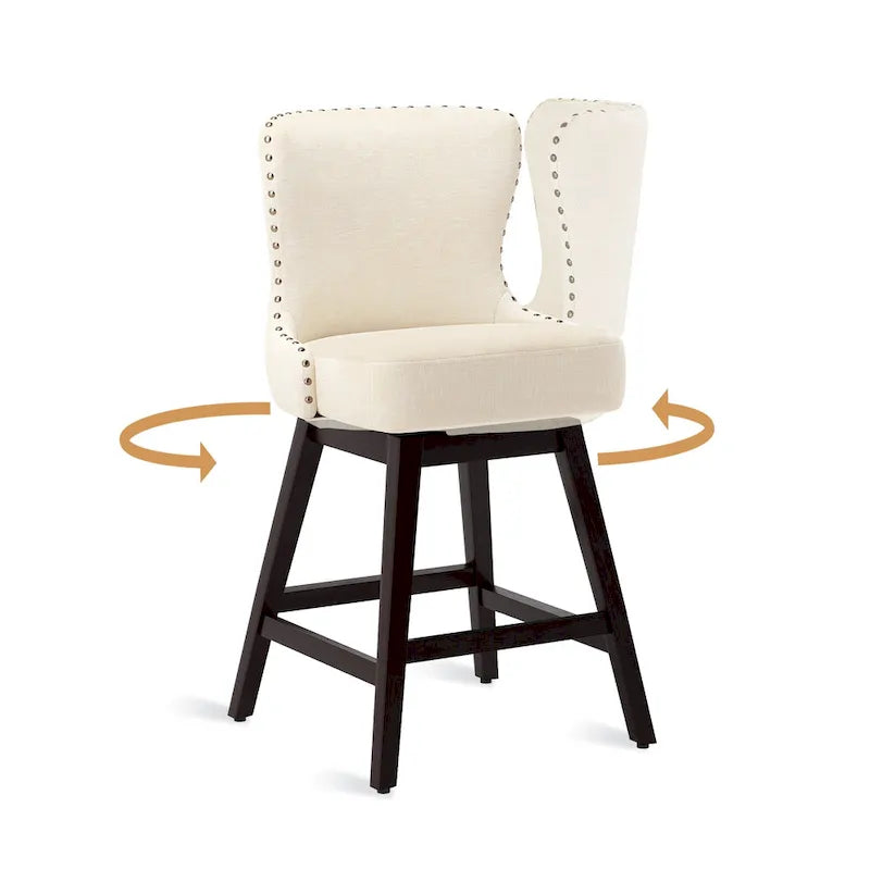 Tabourets de bar pivotants LUE BONA de 26 po en bois, style moderne milieu de siècle, avec assise en similicuir et lin - Lot de 4