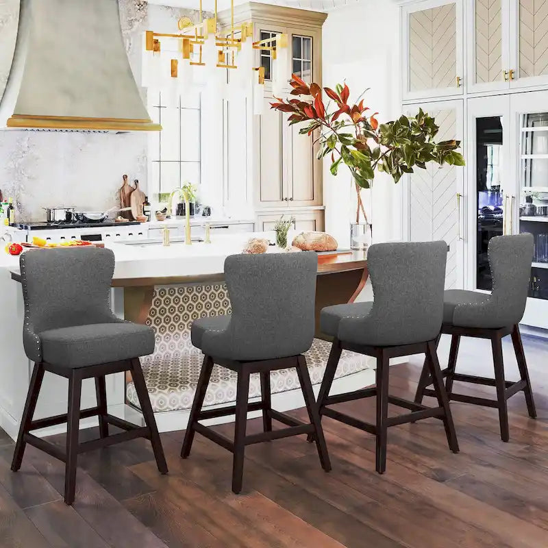 Tabourets de bar pivotants LUE BONA de 26 po en bois, style moderne milieu de siècle, avec assise en similicuir et lin - Lot de 4