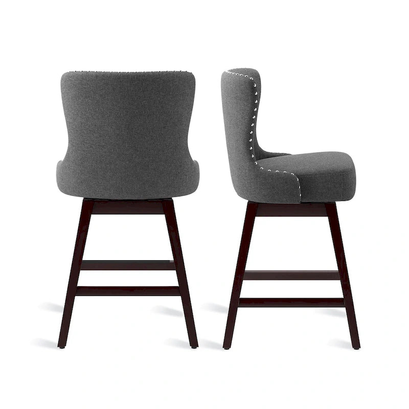 Tabourets de bar pivotants LUE BONA de 26 po en bois, style moderne milieu de siècle, avec assise en similicuir et lin - Lot de 4