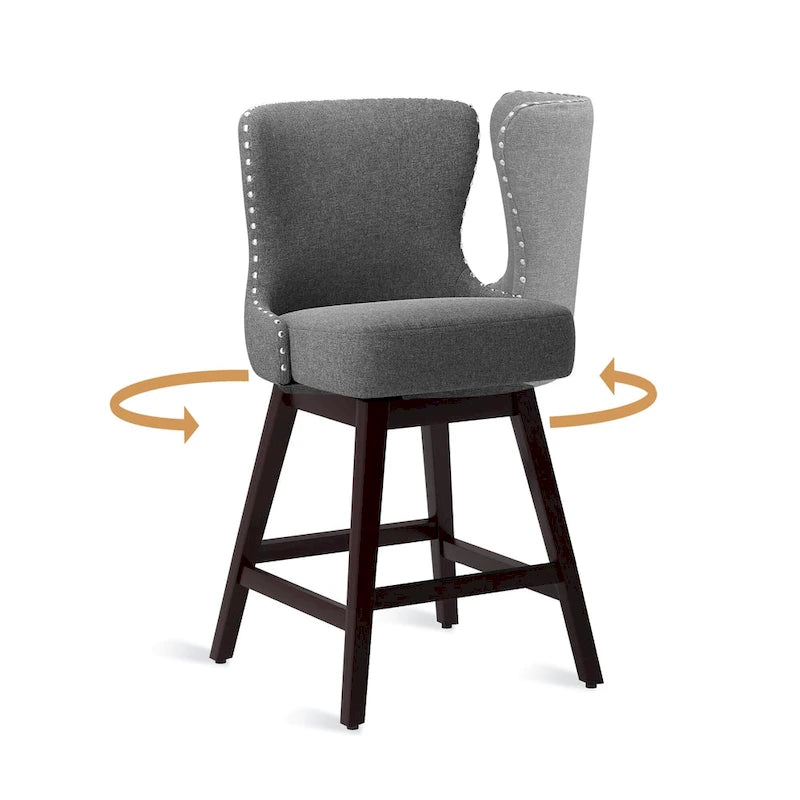 Tabourets de bar pivotants LUE BONA de 26 po en bois, style moderne milieu de siècle, avec assise en similicuir et lin - Lot de 4