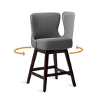 Tabourets de bar pivotants LUE BONA de 26 po en bois, style moderne milieu de siècle, avec assise en similicuir et lin - Lot de 4