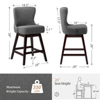 Tabourets de bar pivotants LUE BONA de 26 po en bois, style moderne milieu de siècle, avec assise en similicuir et lin - Lot de 4
