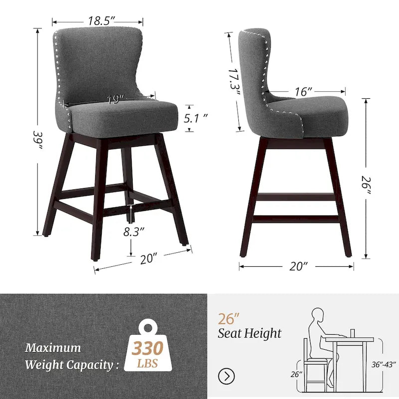 Tabourets de bar pivotants LUE BONA de 26 po en bois, style moderne milieu de siècle, avec assise en similicuir et lin - Lot de 4