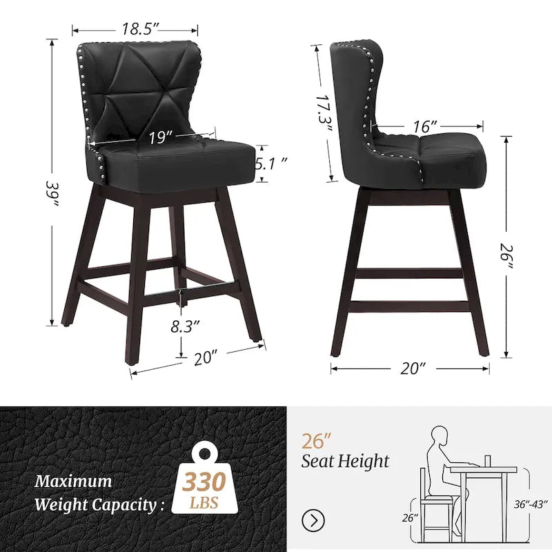 Tabourets de bar pivotants LUE BONA de 26 po en bois, style moderne milieu de siècle, avec assise en similicuir et lin - Lot de 4