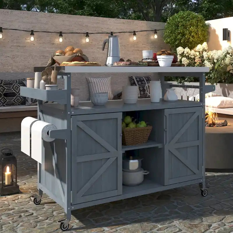 Îlot de cuisine d'extérieur, chariot de bar roulant et meuble de rangement, table de grillade d'extérieur en bois massif de style campagnard avec plateau en acier inoxydable