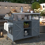 Îlot de cuisine d'extérieur, chariot de bar roulant et meuble de rangement, table de grillade d'extérieur en bois massif de style campagnard avec plateau en acier inoxydable