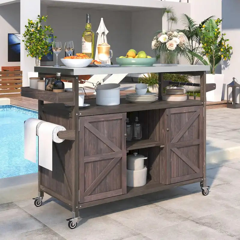 Îlot de cuisine d'extérieur, chariot de bar roulant et meuble de rangement, table de grillade d'extérieur en bois massif de style campagnard avec plateau en acier inoxydable
