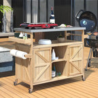Îlot de cuisine d'extérieur, chariot de bar roulant et meuble de rangement, table de grillade d'extérieur en bois massif de style campagnard avec plateau en acier inoxydable