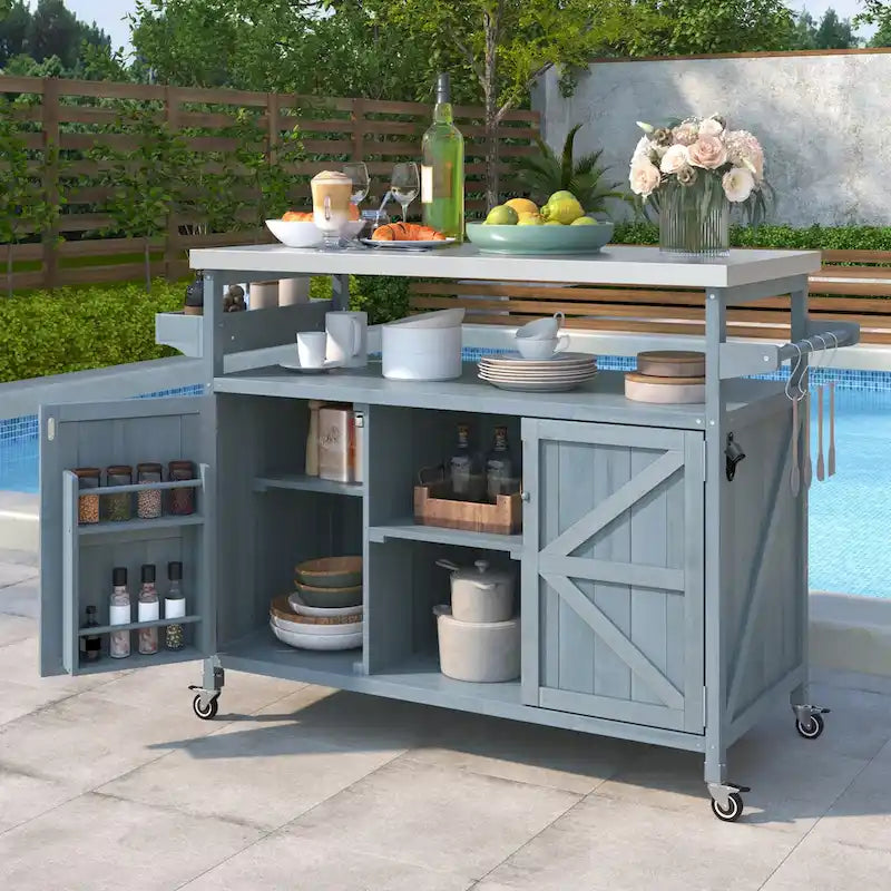 Îlot de cuisine d'extérieur, chariot de bar roulant et meuble de rangement, table de grillade d'extérieur en bois massif de style campagnard avec plateau en acier inoxydable