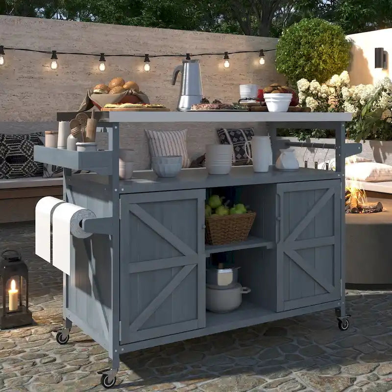 Îlot de cuisine d'extérieur, chariot de bar roulant et meuble de rangement, table de grillade d'extérieur en bois massif de style campagnard avec plateau en acier inoxydable