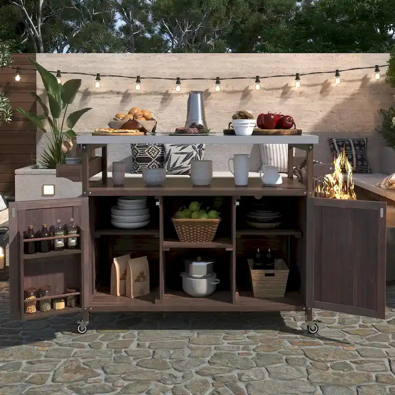 Îlot de cuisine d'extérieur, chariot de bar roulant et meuble de rangement, table de grillade d'extérieur en bois massif de style campagnard avec plateau en acier inoxydable
