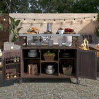 Îlot de cuisine d'extérieur, chariot de bar roulant et meuble de rangement, table de grillade d'extérieur en bois massif de style campagnard avec plateau en acier inoxydable