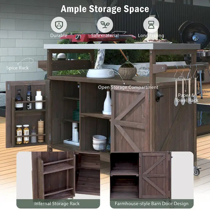 Îlot de cuisine d'extérieur, chariot de bar roulant et meuble de rangement, table de grillade d'extérieur en bois massif de style campagnard avec plateau en acier inoxydable