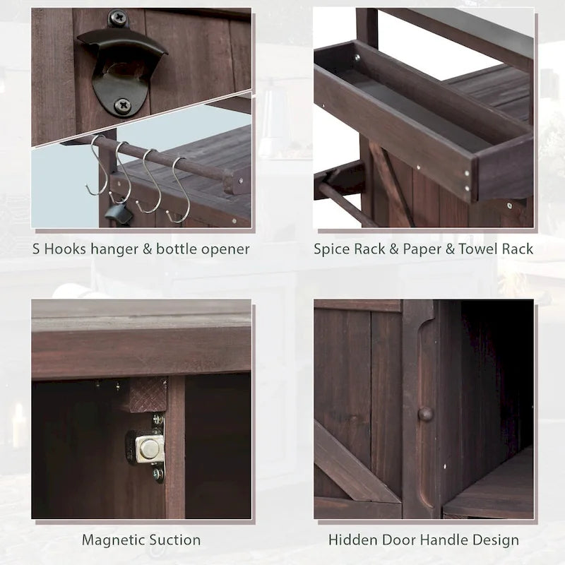 Îlot de cuisine d'extérieur, chariot de bar roulant et meuble de rangement, table de grillade d'extérieur en bois massif de style campagnard avec plateau en acier inoxydable
