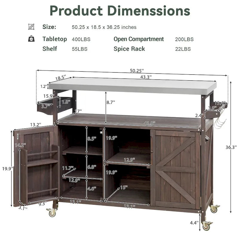 Îlot de cuisine d'extérieur, chariot de bar roulant et meuble de rangement, table de grillade d'extérieur en bois massif de style campagnard avec plateau en acier inoxydable