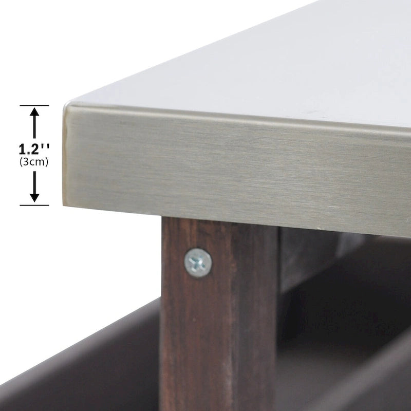 Îlot de cuisine d'extérieur, chariot de bar roulant et meuble de rangement, table de grillade d'extérieur en bois massif de style campagnard avec plateau en acier inoxydable