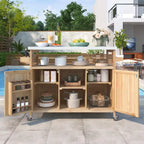 Îlot de cuisine d'extérieur, chariot de bar roulant et meuble de rangement, table de grillade d'extérieur en bois massif de style campagnard avec plateau en acier inoxydable