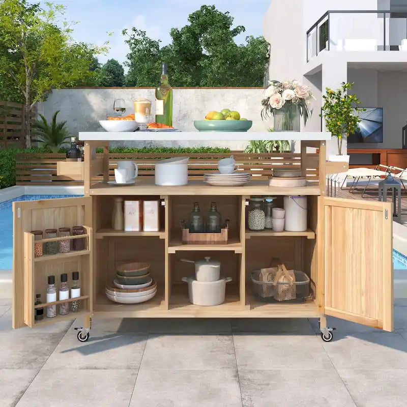 Îlot de cuisine d'extérieur, chariot de bar roulant et meuble de rangement, table de grillade d'extérieur en bois massif de style campagnard avec plateau en acier inoxydable