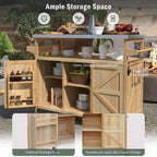 Îlot de cuisine d'extérieur, chariot de bar roulant et meuble de rangement, table de grillade d'extérieur en bois massif de style campagnard avec plateau en acier inoxydable