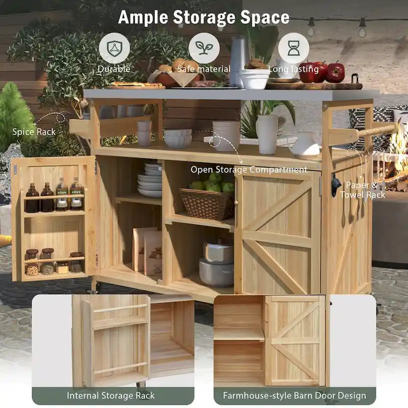 Îlot de cuisine d'extérieur, chariot de bar roulant et meuble de rangement, table de grillade d'extérieur en bois massif de style campagnard avec plateau en acier inoxydable