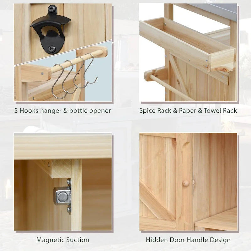 Îlot de cuisine d'extérieur, chariot de bar roulant et meuble de rangement, table de grillade d'extérieur en bois massif de style campagnard avec plateau en acier inoxydable