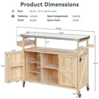 Îlot de cuisine d'extérieur, chariot de bar roulant et meuble de rangement, table de grillade d'extérieur en bois massif de style campagnard avec plateau en acier inoxydable