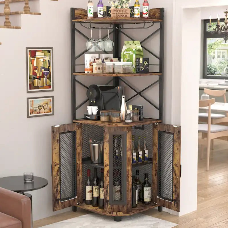 Meuble d'angle de bar avec station de charge et lumière d'ambiance, étagères de rangement pour liqueurs avec porte-verres - Marron