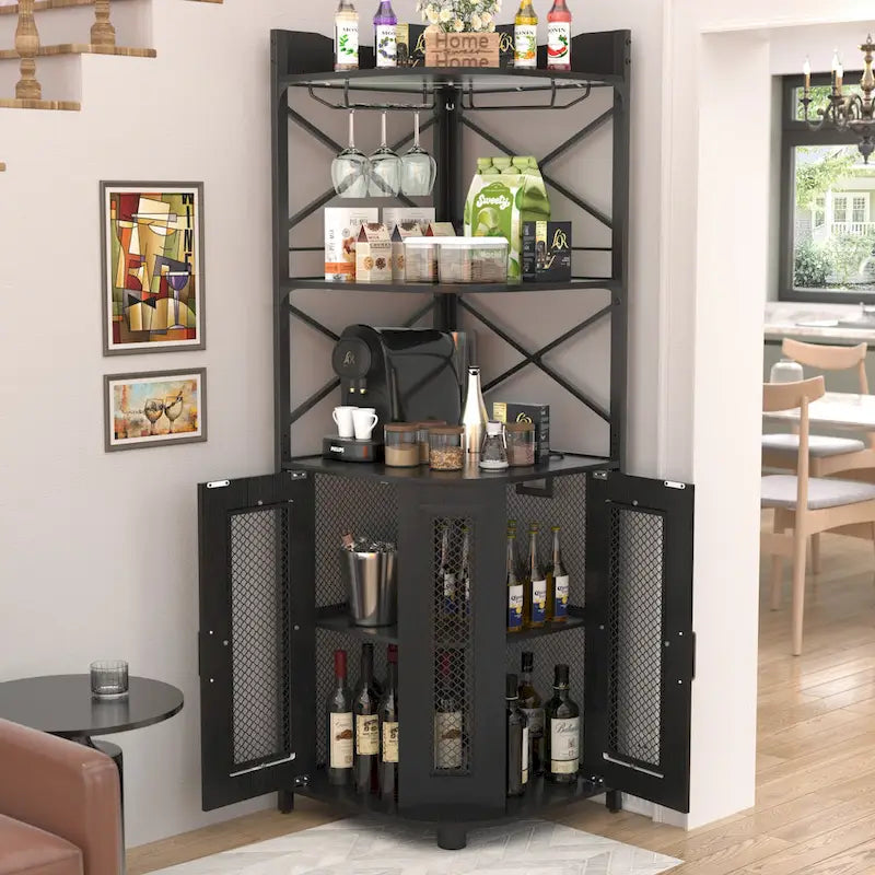 Meuble d'angle de bar avec station de charge et lumière d'ambiance, étagères de rangement pour liqueurs avec porte-verres - Marron