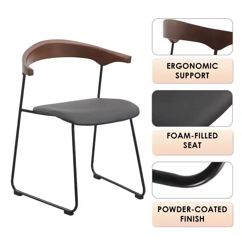 Chaise de salle à manger LeisureMod rembourrée en cuir avec dossier en hêtre et pieds en fer, lot de 4, série Lyra