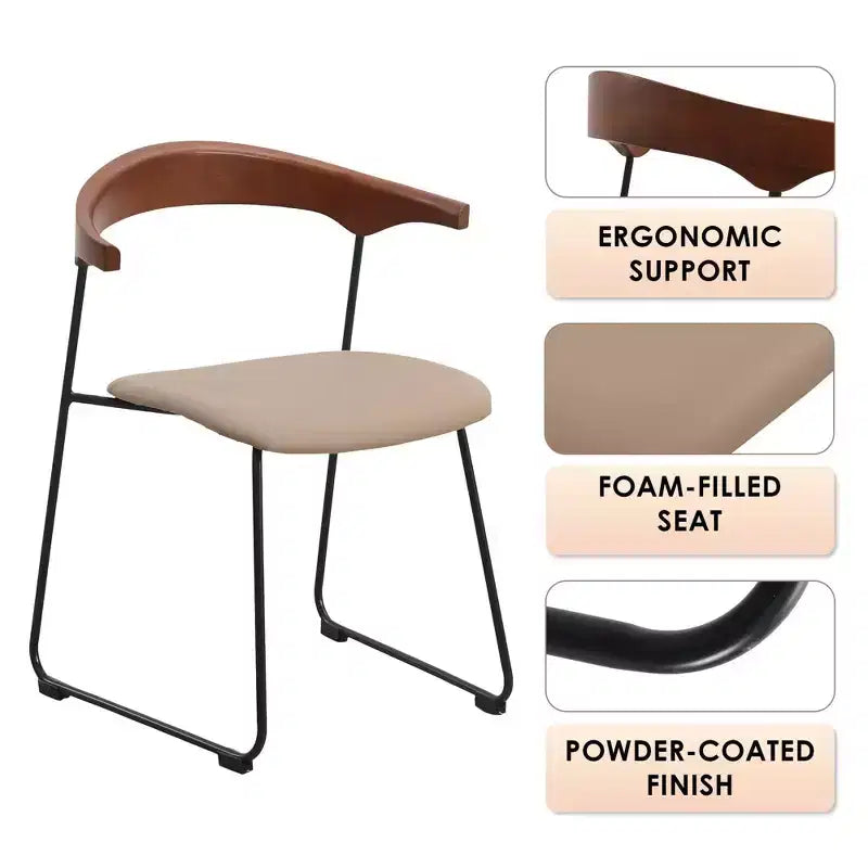 Chaise de salle à manger LeisureMod rembourrée en cuir avec dossier en hêtre et pieds en fer, lot de 4, série Lyra