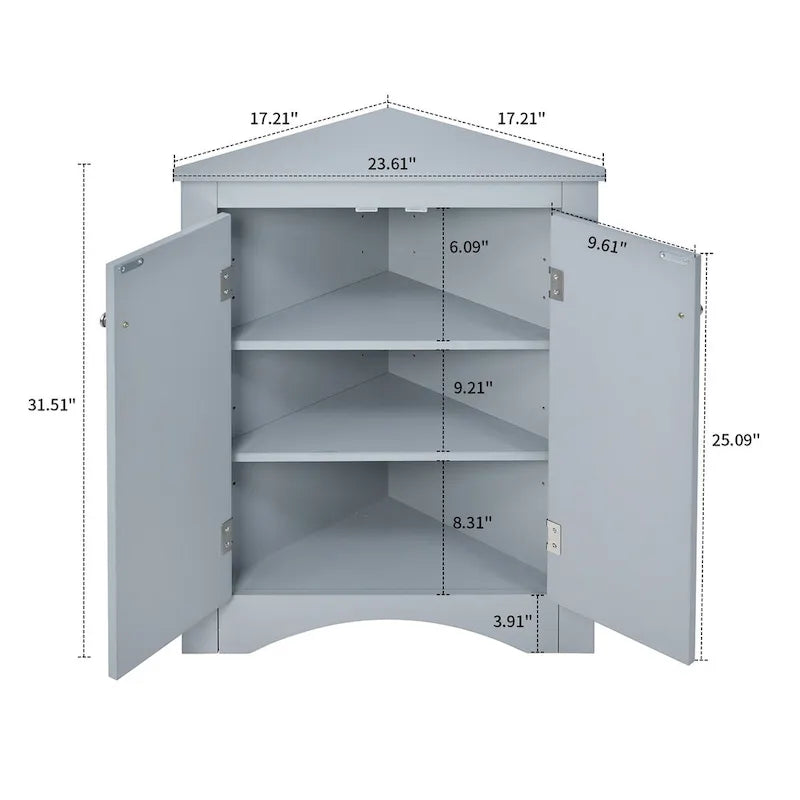 Meuble d'angle de rangement triangulaire moderne et élégant avec deux étagères internes réglables