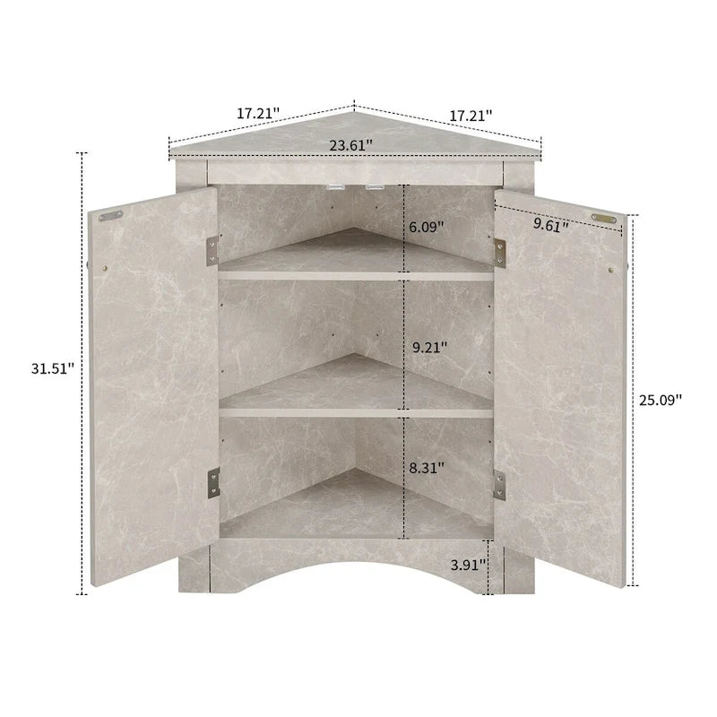 Meuble d'angle de rangement triangulaire moderne et élégant avec deux étagères internes réglables